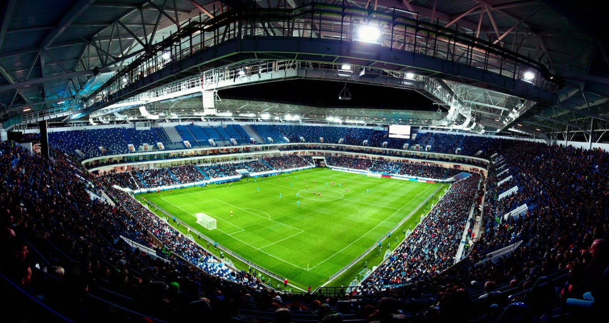 football stadium, shiny lights, view from the field