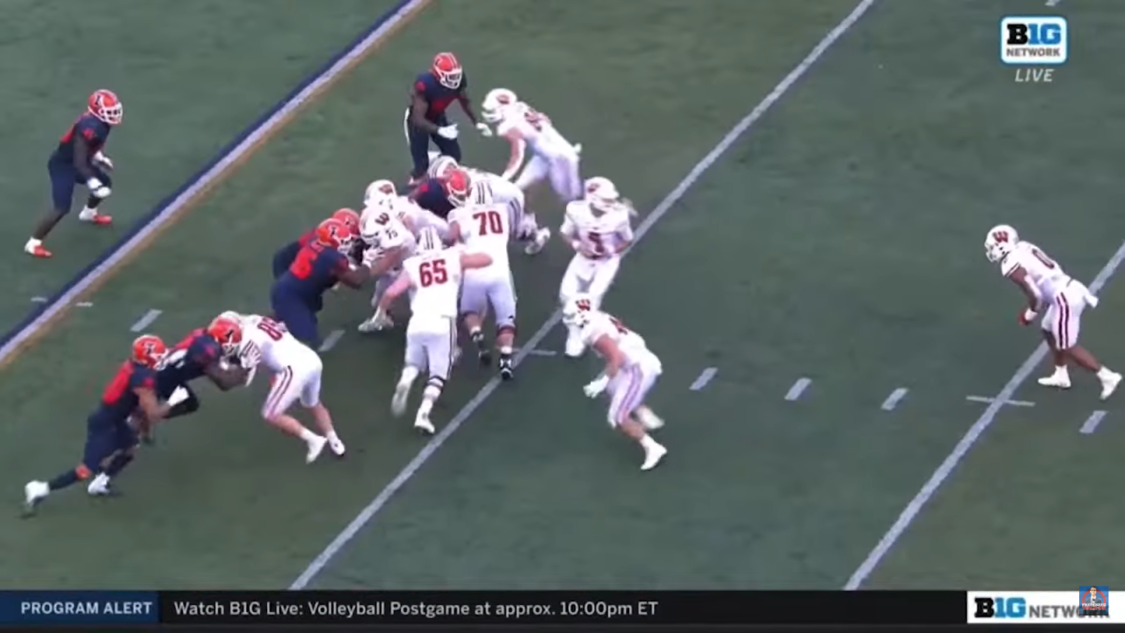 two teams of football on the field, ones in blue color form, another in white