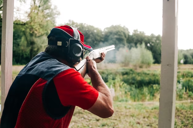 A man shoots with a shotgun on a target in special clothes and headphones