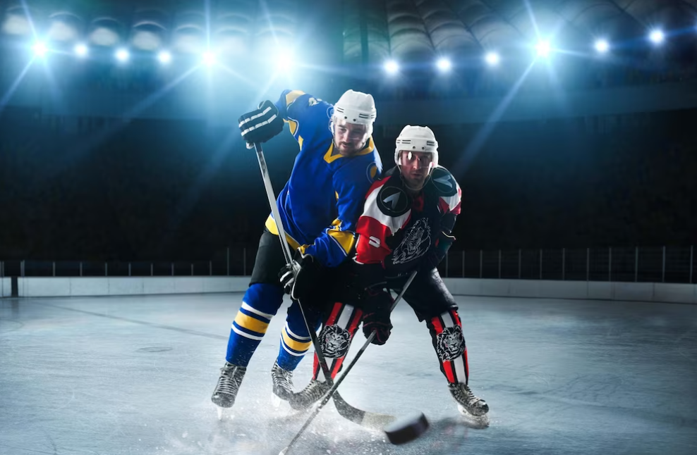 two men in sports suits play hockey